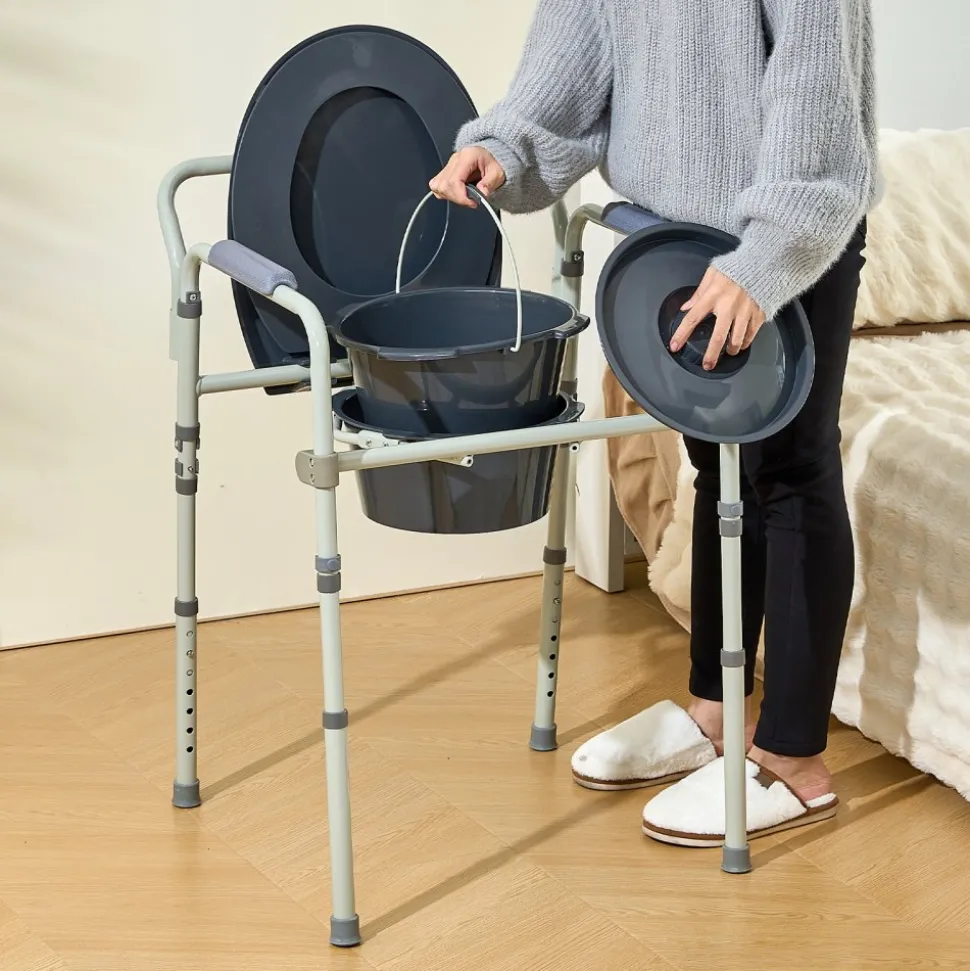 VEVOR Commode Chair, Bedside Commode with Wider Toilet Seat, 7-Level Adjustable Height, 5.8L Removable Bucket, Easy to Assemble, 350 LBS Capacity, Raised Toilet Seat for Adults Seniors