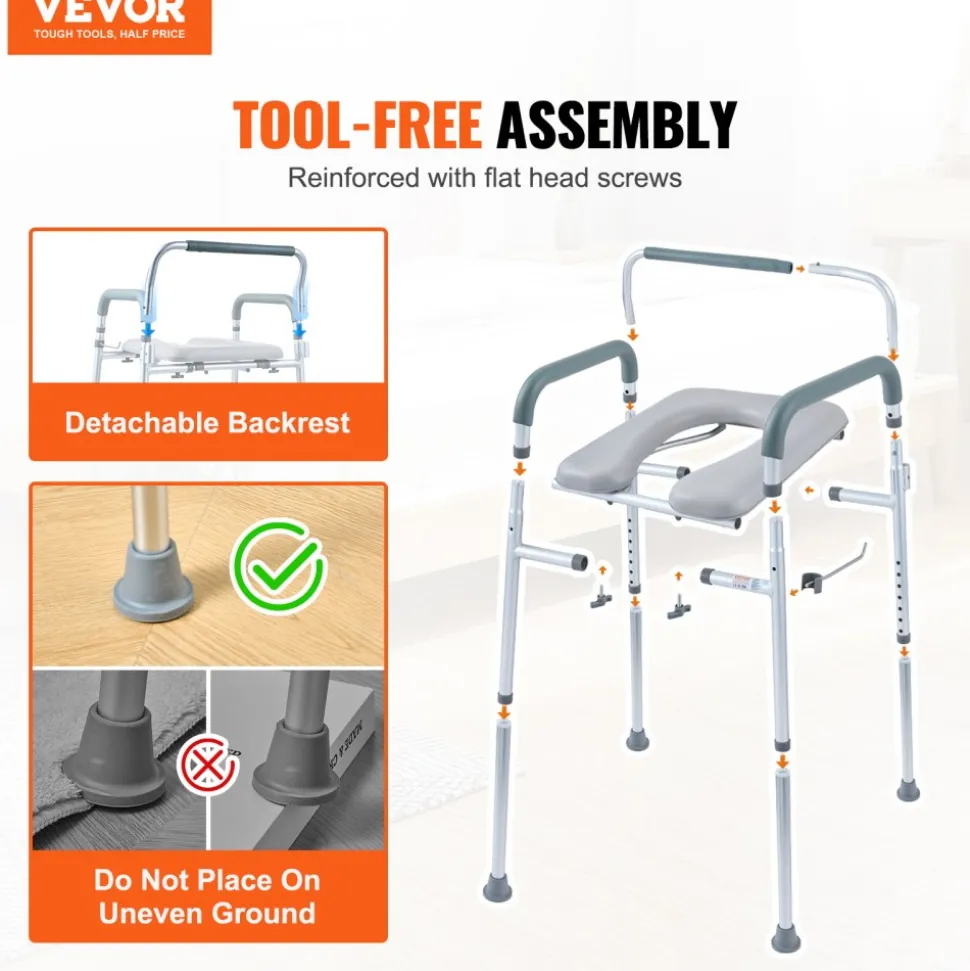 VEVOR Commode Chair, Bedside Commode with Padded Seat and Arms, 7-Level Adjustable Height, 5.8L Removable Bucket, Easy to Assemble, 350 LBS Capacity, Raised Toilet Seat for Adults Seniors