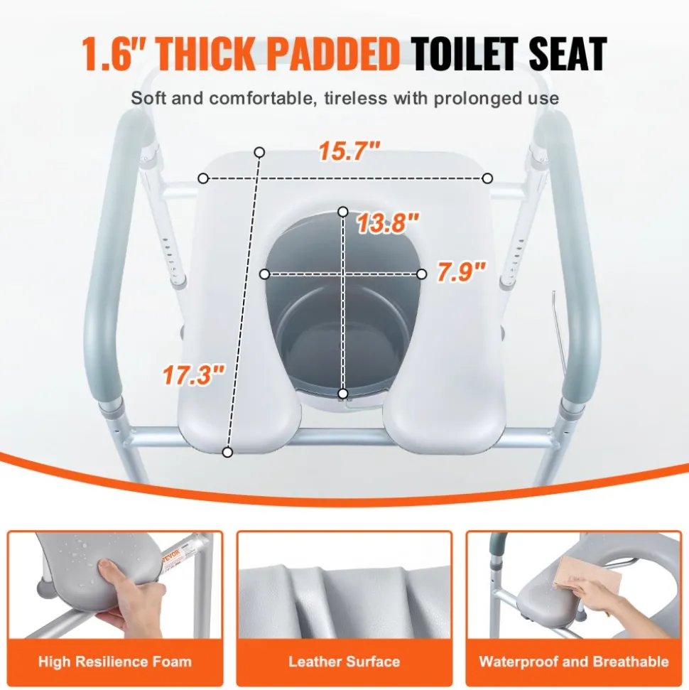 VEVOR Commode Chair, Bedside Commode with Padded Seat and Arms, 7-Level Adjustable Height, 5.8L Removable Bucket, Easy to Assemble, 350 LBS Capacity, Raised Toilet Seat for Adults Seniors