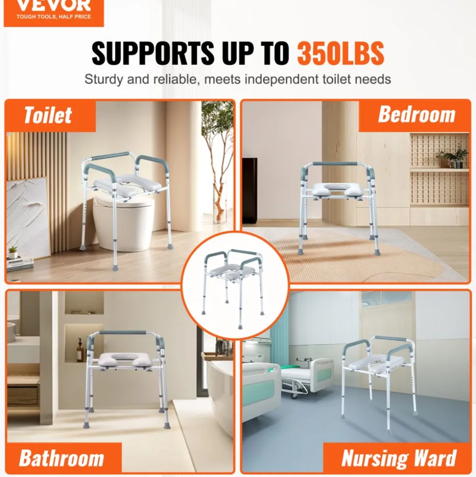 VEVOR Commode Chair, Bedside Commode with Padded Seat and Arms, 7-Level Adjustable Height, 5.8L Removable Bucket, Easy to Assemble, 350 LBS Capacity, Raised Toilet Seat for Adults Seniors