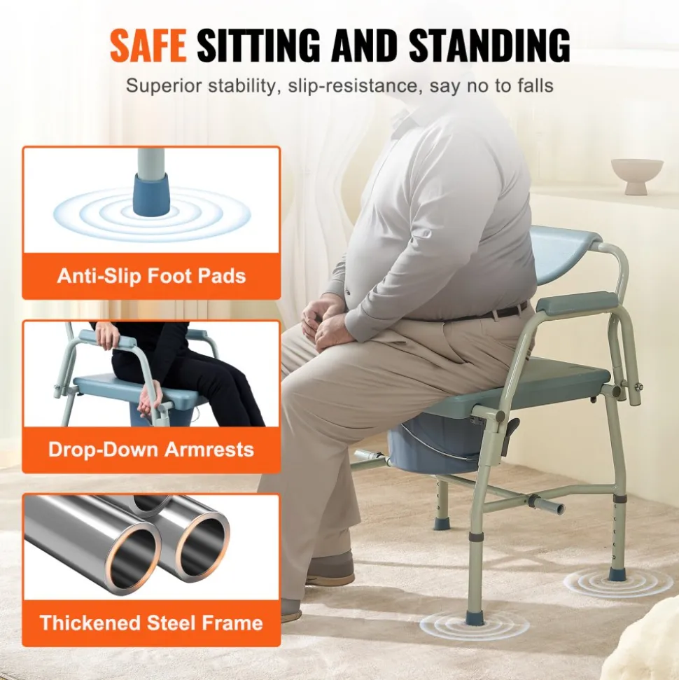 VEVOR Commode Chair, Bedside Commode with Drop-Down Arms and Detachable Backrest, 5-Level Adjustable Height, 7L Removable Bucket, Easy to Assemble, 1000LBS Capacity, Portable Toilet for Adults Seniors