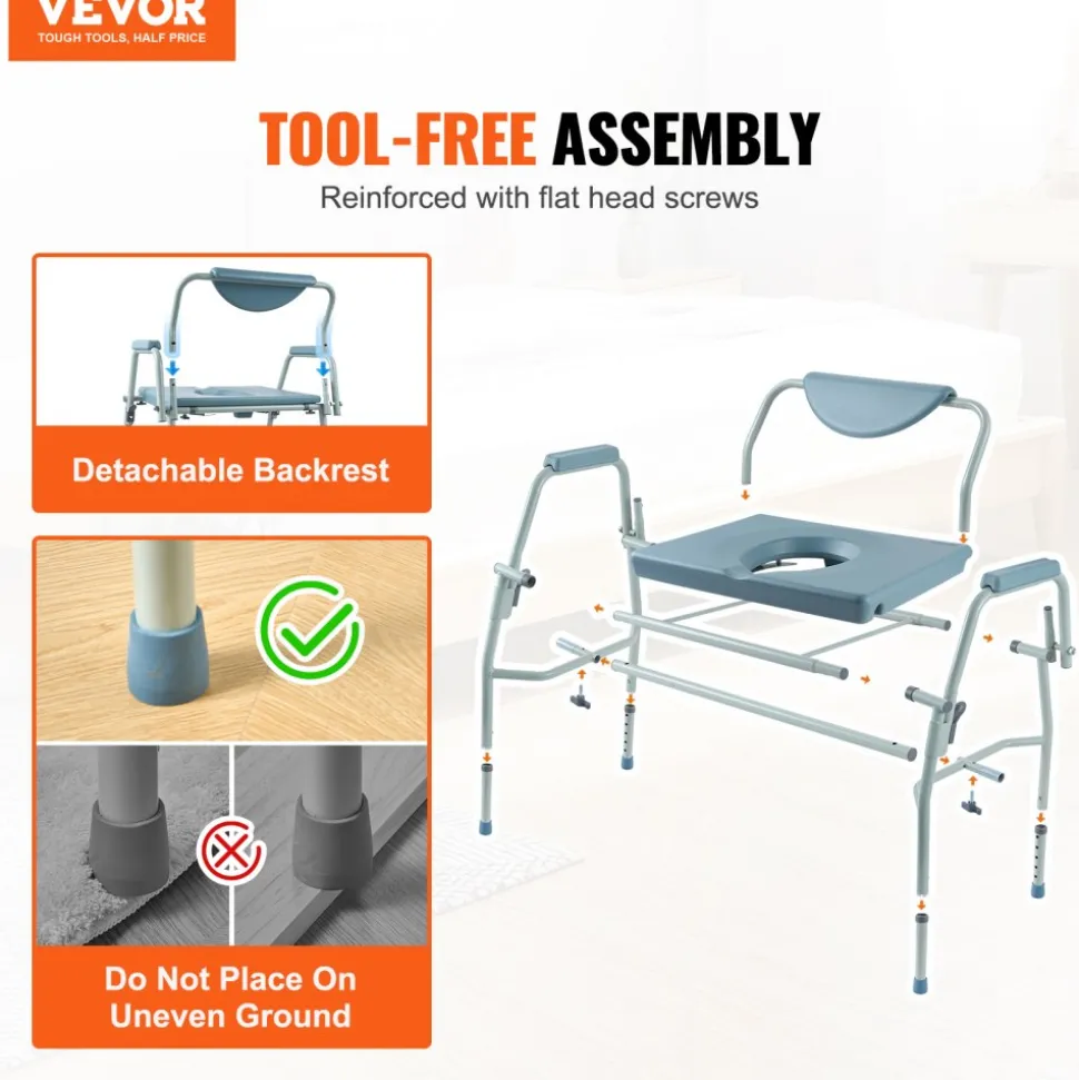 VEVOR Commode Chair, Bedside Commode with Drop-Down Arms and Detachable Backrest, 5-Level Adjustable Height, 7L Removable Bucket, Easy to Assemble, 1000LBS Capacity, Portable Toilet for Adults Seniors