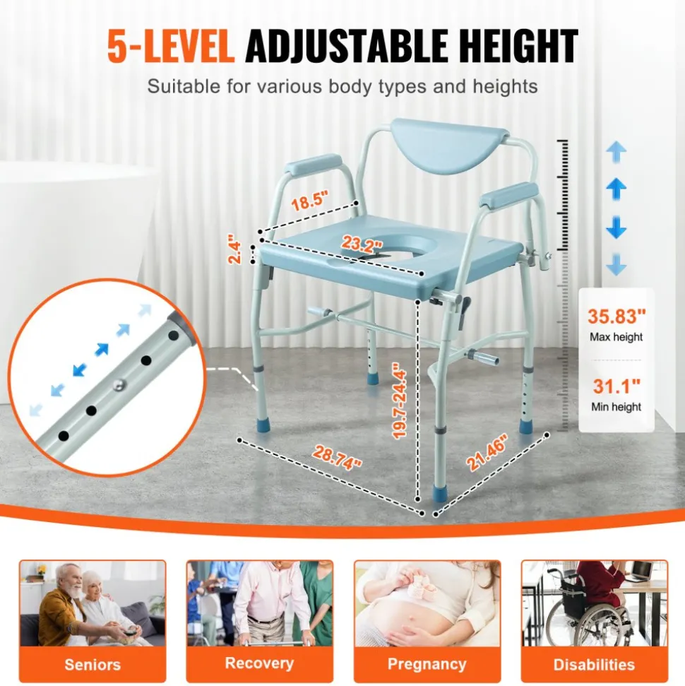VEVOR Commode Chair, Bedside Commode with Drop-Down Arms and Detachable Backrest, 5-Level Adjustable Height, 7L Removable Bucket, Easy to Assemble, 1000LBS Capacity, Portable Toilet for Adults Seniors