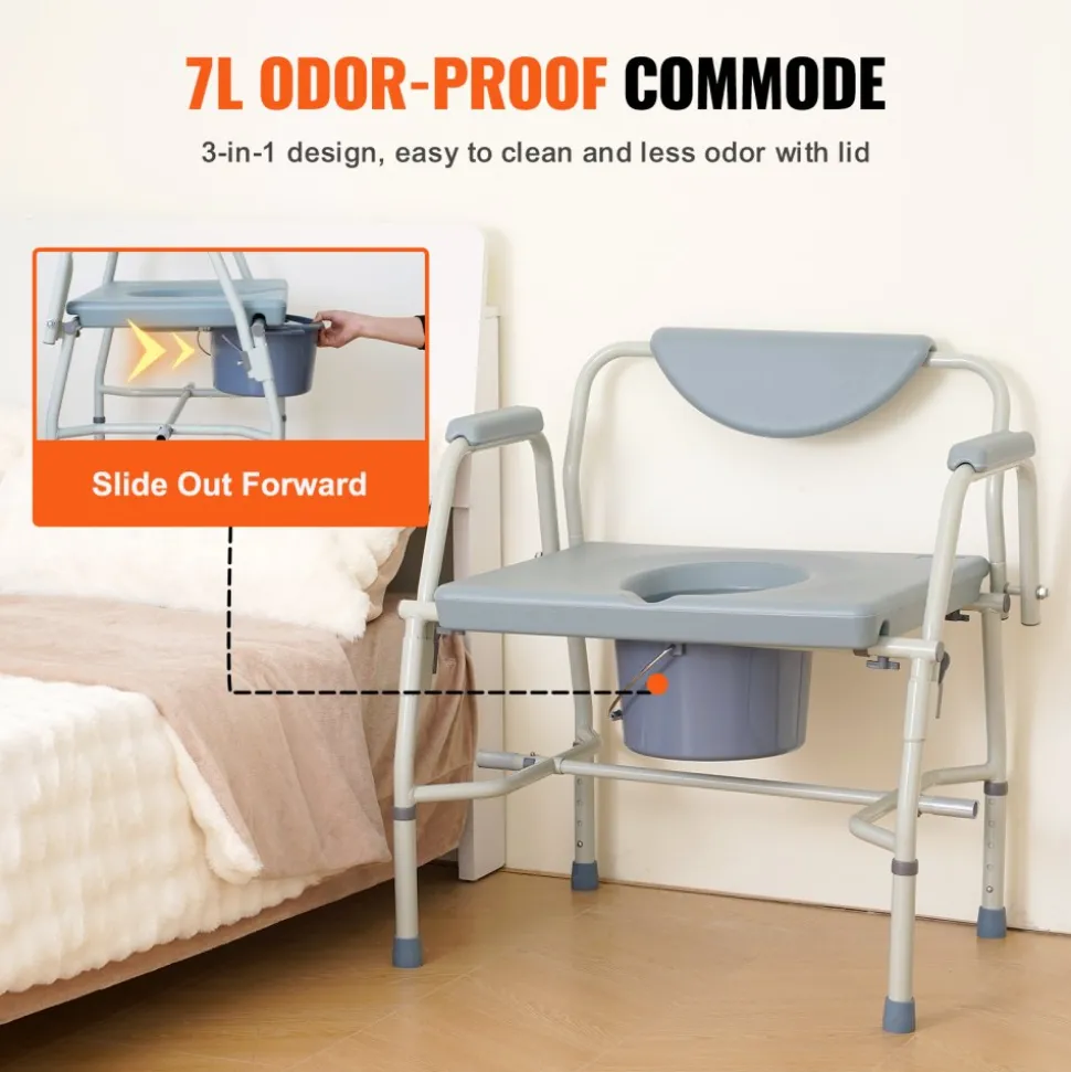 VEVOR Commode Chair, Bedside Commode with Drop-Down Arms and Detachable Backrest, 5-Level Adjustable Height, 7L Removable Bucket, Easy to Assemble, 1000LBS Capacity, Portable Toilet for Adults Seniors