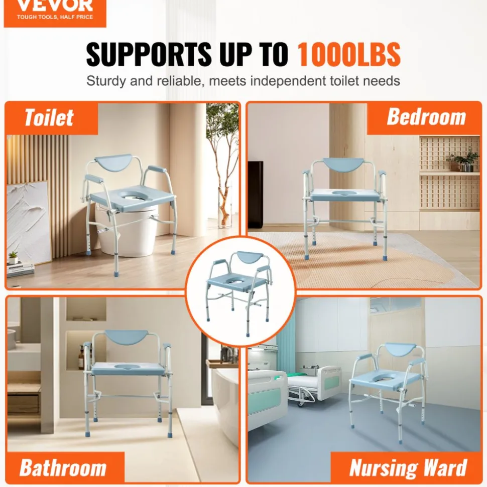 VEVOR Commode Chair, Bedside Commode with Drop-Down Arms and Detachable Backrest, 5-Level Adjustable Height, 7L Removable Bucket, Easy to Assemble, 1000LBS Capacity, Portable Toilet for Adults Seniors