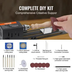 VEVOR Compact Lathe Machine, Dimensions 2.76 x 6.3 inches, 24VDC 96W, Includes Milling Machine Accessories, Features 7 Adjustable Speeds Ranging from 4220 to 8450 RPM, Ideal for DIY Woodworking and