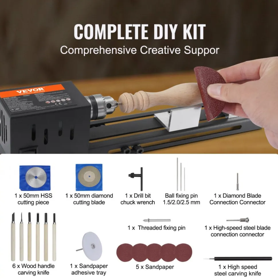 VEVOR Compact Lathe Machine, Dimensions 2.76 x 6.3 inches, 24VDC 96W, Includes Milling Machine Accessories, Features 7 Adjustable Speeds Ranging from 4220 to 8450 RPM, Ideal for DIY Woodworking and
