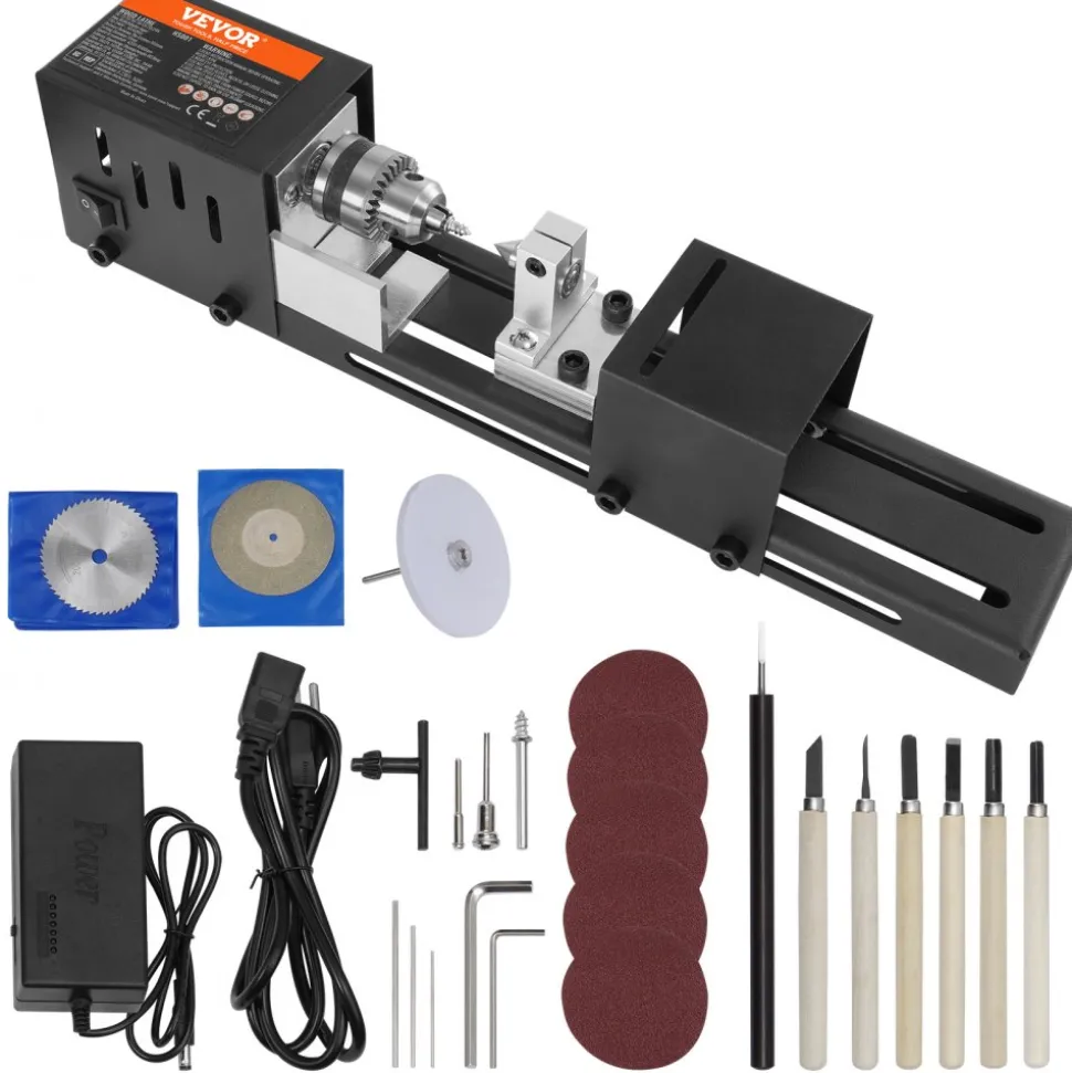 VEVOR Compact Lathe Machine, Dimensions 2.76 x 6.3 inches, 24VDC 96W, Includes Milling Machine Accessories, Features 7 Adjustable Speeds Ranging from 4220 to 8450 RPM, Ideal for DIY Woodworking and