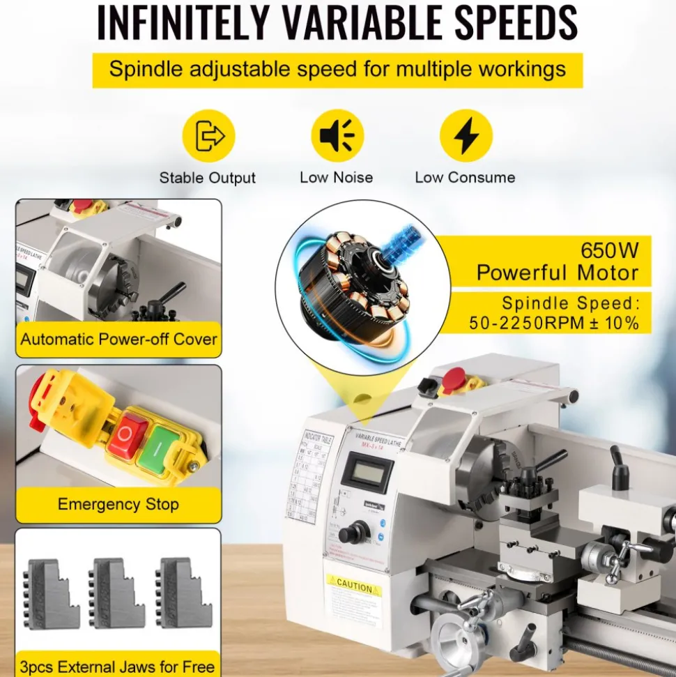 VEVOR Compact Metal Lathe, 8"x14", Adjustable Speed 2250 RPM, 650W Power, Precision Engineering Lathe for Metalworking, Ideal for Crafting Different Metals