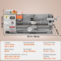 VEVOR Compact Metal Lathe, 7'' x 16'', 800W, Precision Desktop Metalworking Lathe, Variable Speed 150-2500 RPM, Includes 3.9'' 3-jaw Chuck & Tool Box for Detailed Part Crafting