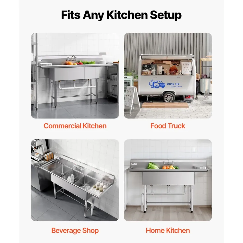 VEVOR 3 Compartment Sink, 18-Gauge 304 Stainless Steel, 14" x 16" x 11" Bowl Size, 3 Bay Commercial Kitchen Prep & Utility Sink with 2 Drainboards and Backsplash for Restaurant, Food Truck & Home Use