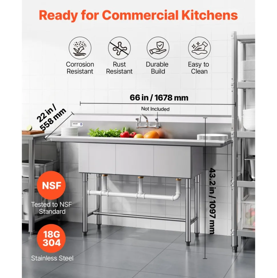 VEVOR 3 Compartment Sink, 18-Gauge 304 Stainless Steel, 14" x 16" x 11" Bowl Size, 3 Bay Commercial Kitchen Prep & Utility Sink with 2 Drainboards and Backsplash for Restaurant, Food Truck & Home Use