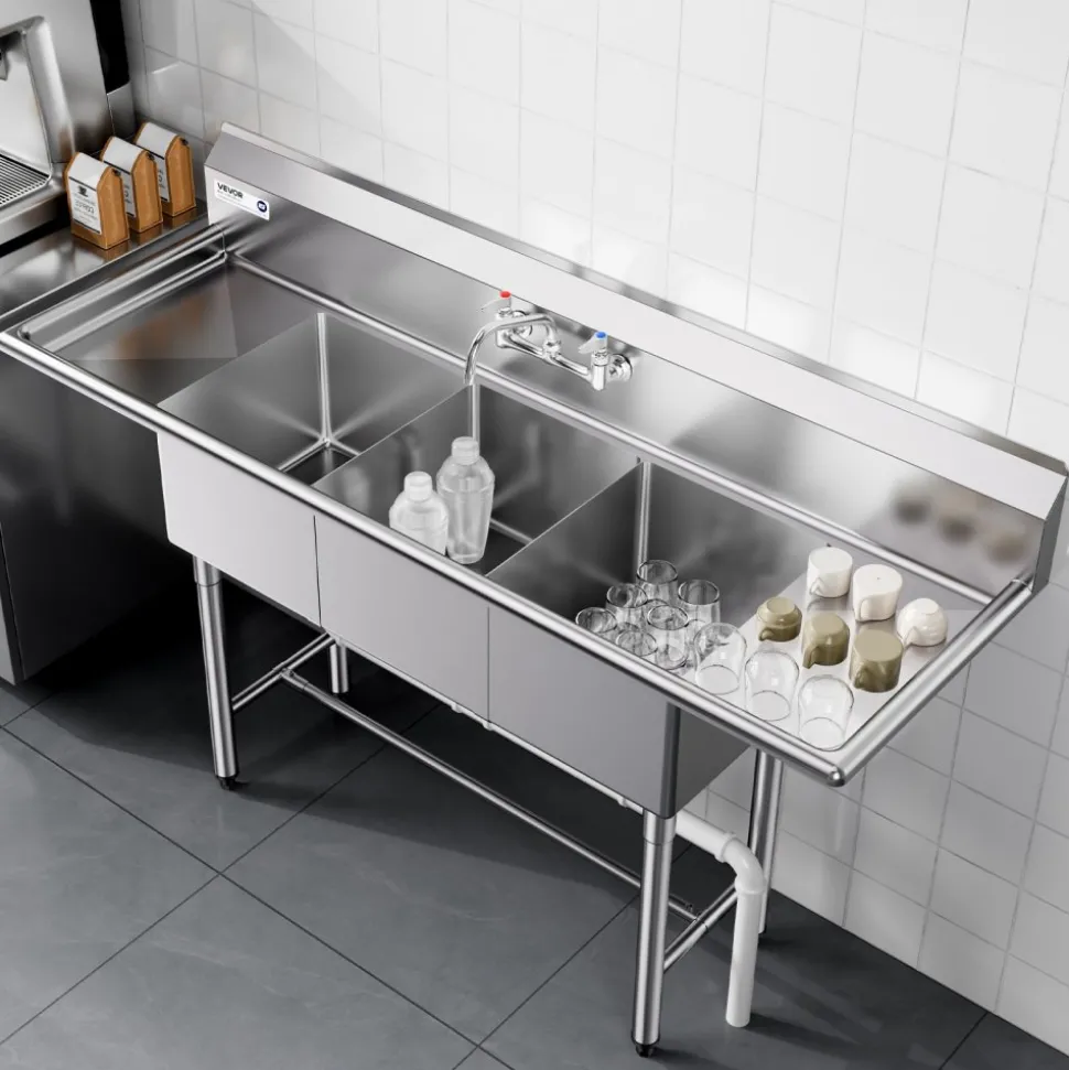 VEVOR 3 Compartment Sink, 18-Gauge 304 Stainless Steel, 14" x 16" x 11" Bowl Size, 3 Bay Commercial Kitchen Prep & Utility Sink with 2 Drainboards and Backsplash for Restaurant, Food Truck & Home Use