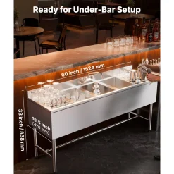 VEVOR 3 Compartment Sink, 18-Gauge 304 Stainless Steel, 10" x 14" x 10" Bowl Size, 3 Bay Commercial Under Bar Sink with Double Drainboard and Backsplash for Kitchen, Restaurant, Food Truck & Home Use