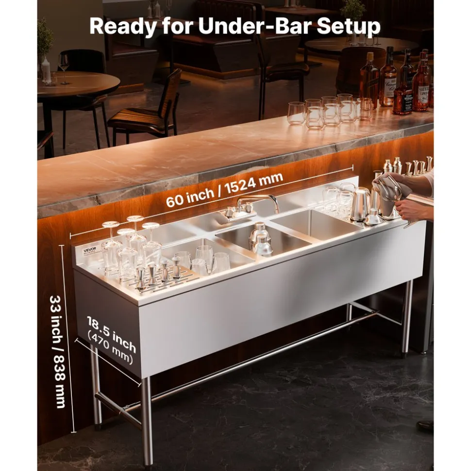 VEVOR 3 Compartment Sink, 18-Gauge 304 Stainless Steel, 10" x 14" x 10" Bowl Size, 3 Bay Commercial Under Bar Sink with Double Drainboard and Backsplash for Kitchen, Restaurant, Food Truck & Home Use