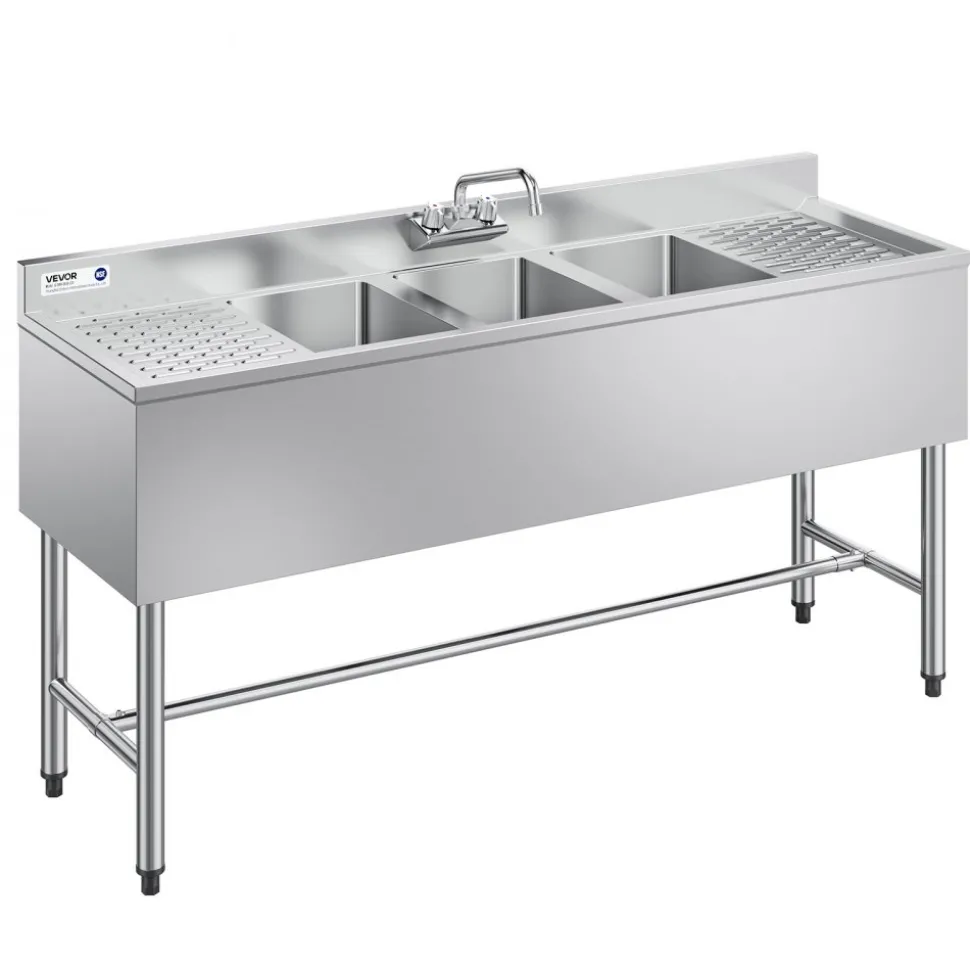 VEVOR 3 Compartment Sink, 18-Gauge 304 Stainless Steel, 10" x 14" x 10" Bowl Size, 3 Bay Commercial Under Bar Sink with Double Drainboard and Backsplash for Kitchen, Restaurant, Food Truck & Home Use