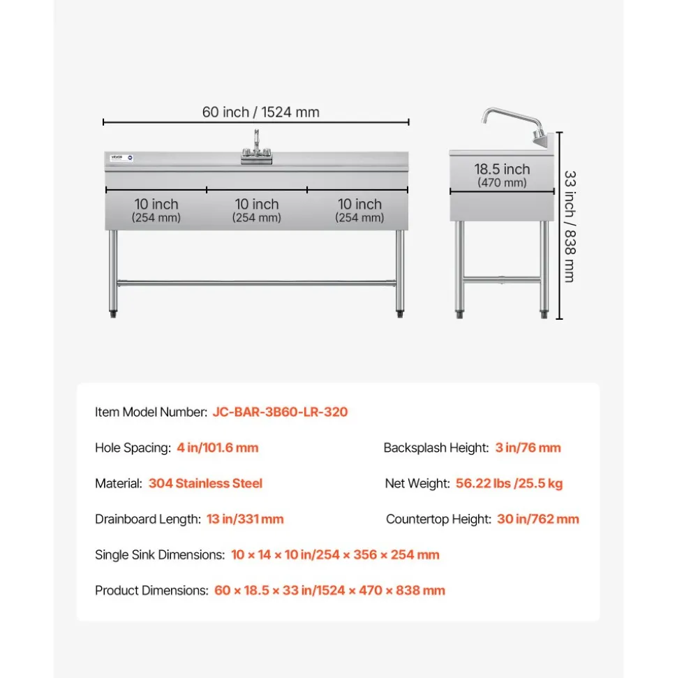 VEVOR 3 Compartment Sink, 18-Gauge 304 Stainless Steel, 10" x 14" x 10" Bowl Size, 3 Bay Commercial Under Bar Sink with Double Drainboard and Backsplash for Kitchen, Restaurant, Food Truck & Home Use