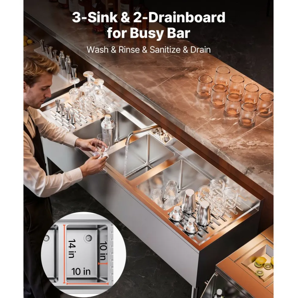 VEVOR 3 Compartment Sink, 18-Gauge 304 Stainless Steel, 10" x 14" x 10" Bowl Size, 3 Bay Commercial Under Bar Sink with Double Drainboard and Backsplash for Kitchen, Restaurant, Food Truck & Home Use