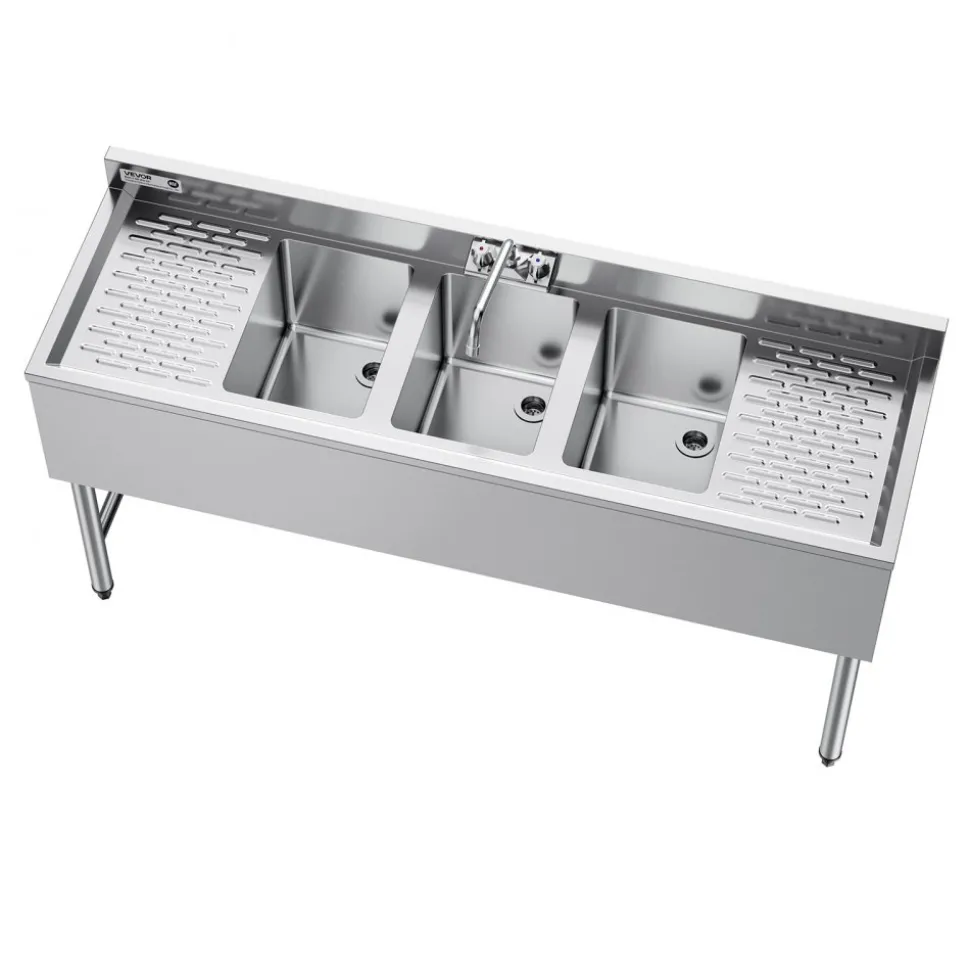 VEVOR 3 Compartment Sink, 18-Gauge 304 Stainless Steel, 10" x 14" x 10" Bowl Size, 3 Bay Commercial Under Bar Sink with Double Drainboard and Backsplash for Kitchen, Restaurant, Food Truck & Home Use