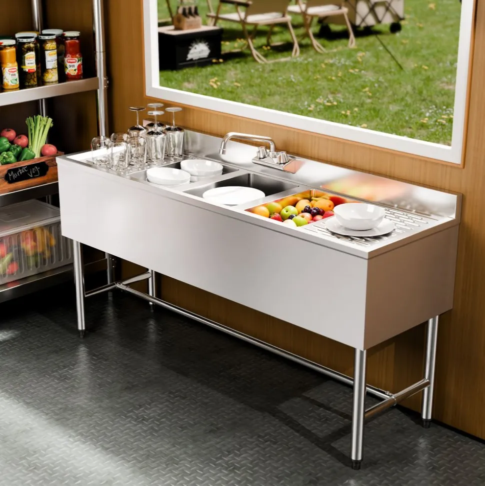 VEVOR 3 Compartment Sink, 18-Gauge 304 Stainless Steel, 10" x 14" x 10" Bowl Size, 3 Bay Commercial Under Bar Sink with Double Drainboard and Backsplash for Kitchen, Restaurant, Food Truck & Home Use