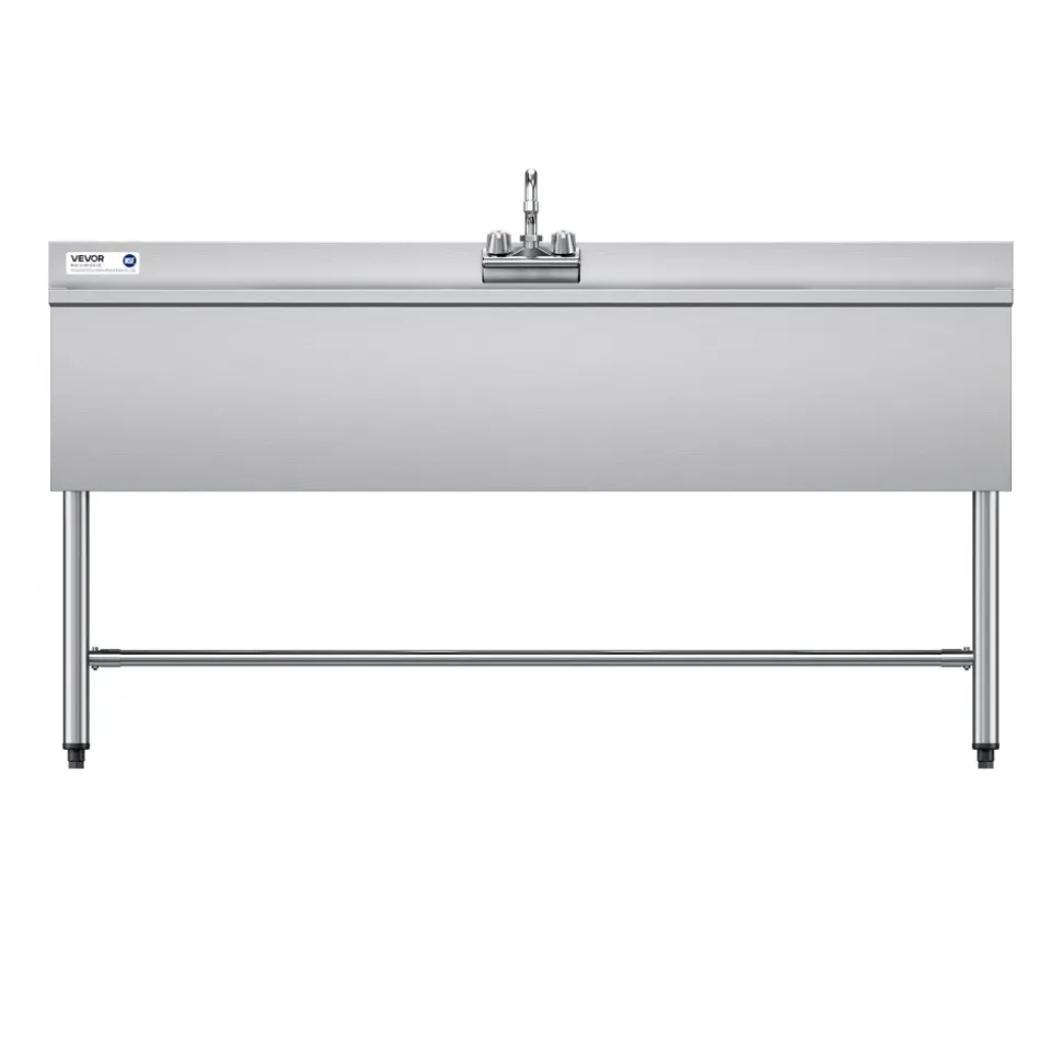 VEVOR 3 Compartment Sink, 18-Gauge 304 Stainless Steel, 10" x 14" x 10" Bowl Size, 3 Bay Commercial Under Bar Sink with Double Drainboard and Backsplash for Kitchen, Restaurant, Food Truck & Home Use