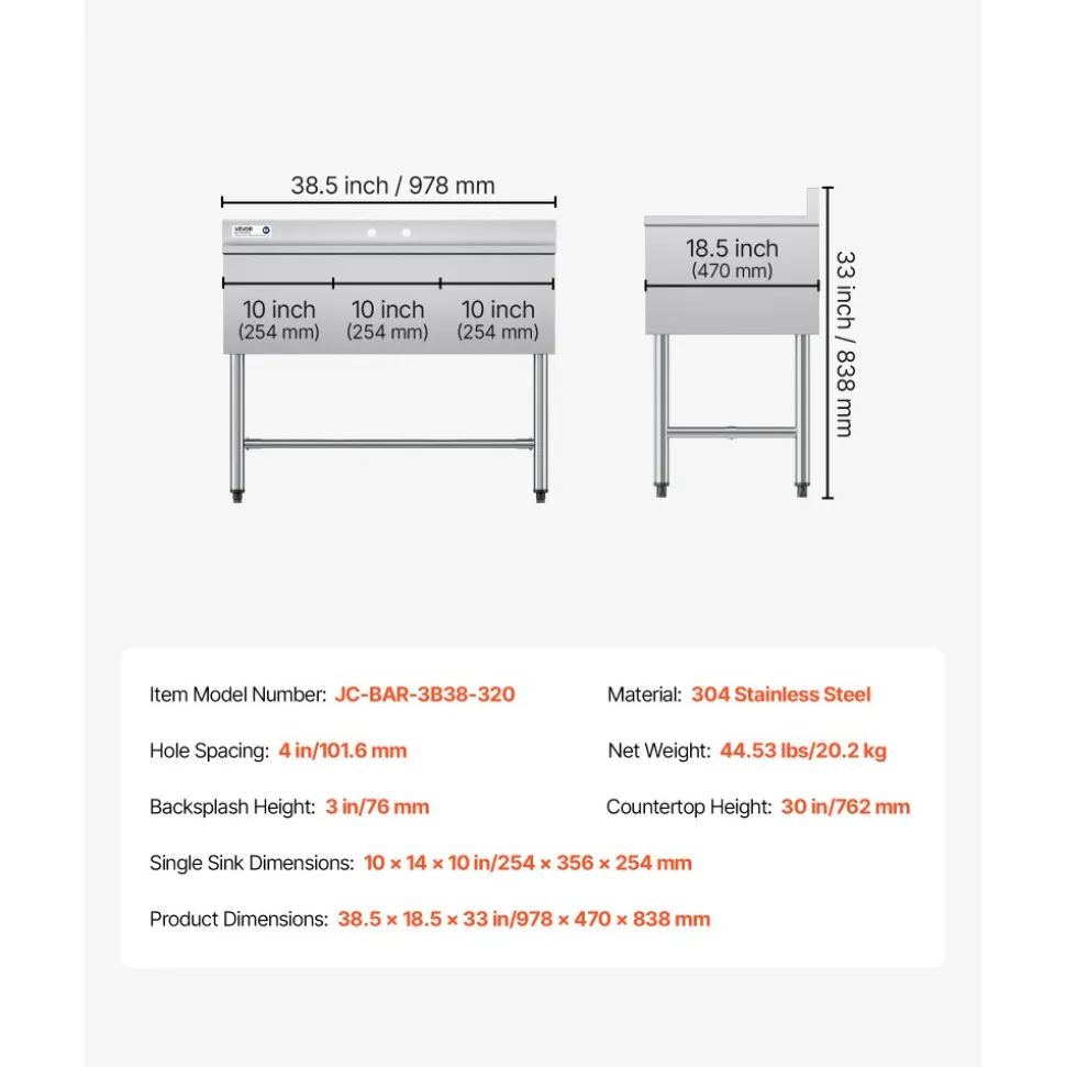VEVOR 3 Compartment Sink, 18-Gauge 304 Stainless Steel, 10" x 14" x 10" Bowl Size, 3 Bay Commercial Under Bar Sink with Backsplash and Efficient Drainage for Kitchen, Restaurant, Food Truck & Home Use