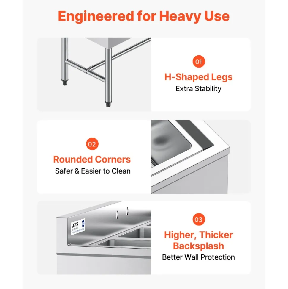 VEVOR 3 Compartment Sink, 18-Gauge 304 Stainless Steel, 10" x 14" x 10" Bowl Size, 3 Bay Commercial Under Bar Sink with Backsplash and Efficient Drainage for Kitchen, Restaurant, Food Truck & Home Use