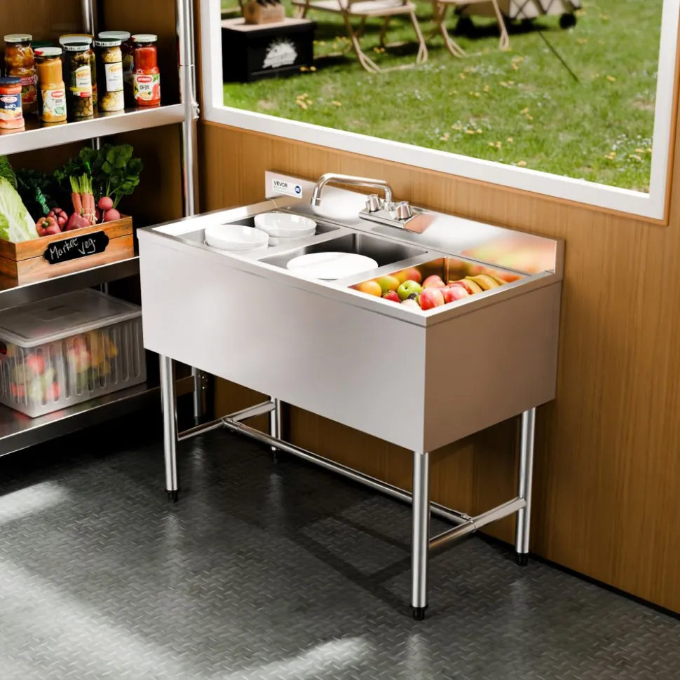 VEVOR 3 Compartment Sink, 18-Gauge 304 Stainless Steel, 10" x 14" x 10" Bowl Size, 3 Bay Commercial Under Bar Sink with Backsplash and Efficient Drainage for Kitchen, Restaurant, Food Truck & Home Use