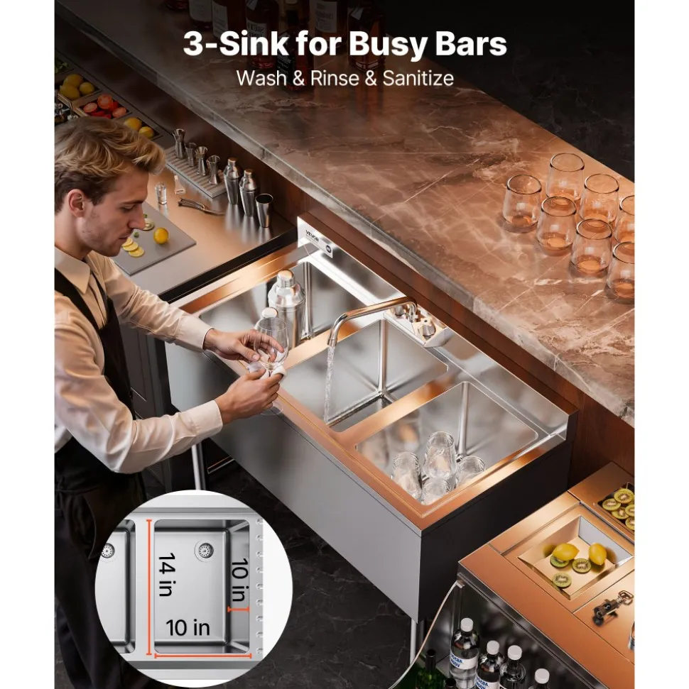 VEVOR 3 Compartment Sink, 18-Gauge 304 Stainless Steel, 10" x 14" x 10" Bowl Size, 3 Bay Commercial Under Bar Sink with Backsplash and Efficient Drainage for Kitchen, Restaurant, Food Truck & Home Use