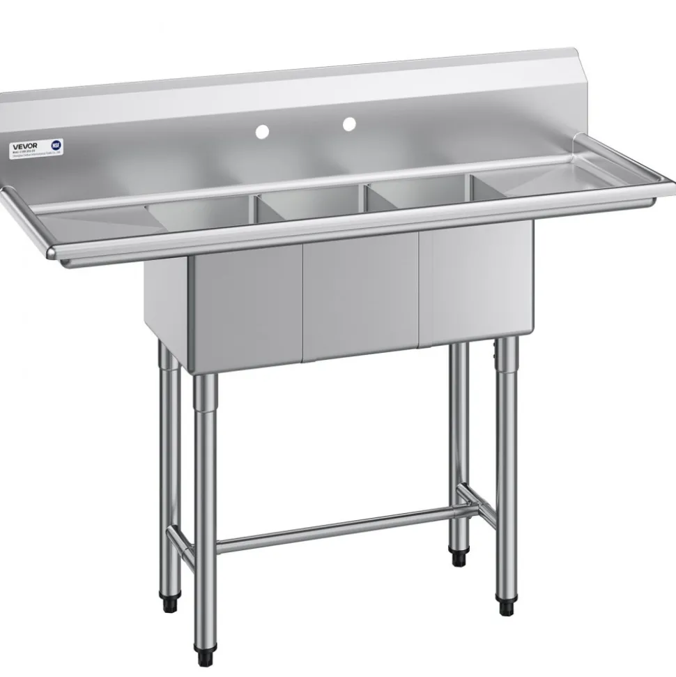 VEVOR 3 Compartment Sink, 18-Gauge 304 Stainless Steel, 10" x 14" x 10" Bowl Size, 3 Bay Commercial Kitchen Prep & Utility Sink with 2 Drainboards and Backsplash for Restaurant, Food Truck & Home Use