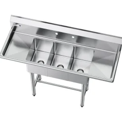 VEVOR 3 Compartment Sink, 18-Gauge 304 Stainless Steel, 10" x 14" x 10" Bowl Size, 3 Bay Commercial Kitchen Prep & Utility Sink with 2 Drainboards and Backsplash for Restaurant, Food Truck & Home Use