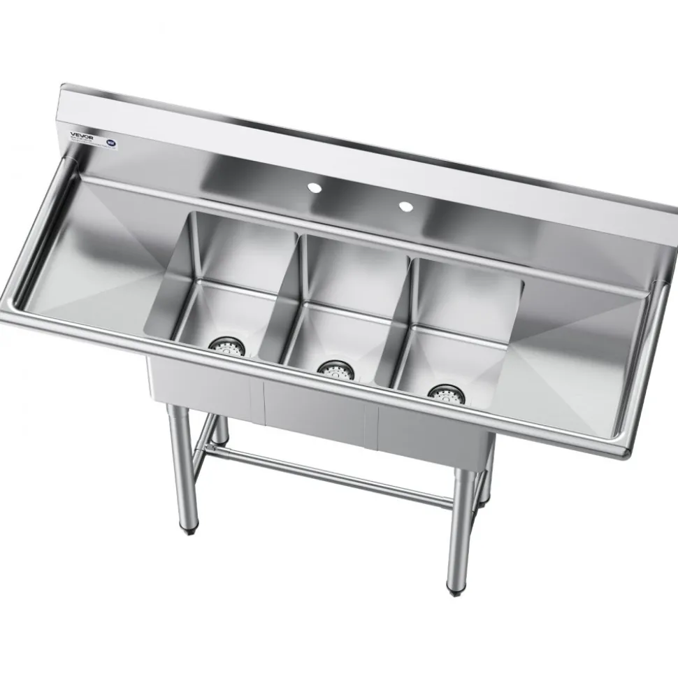 VEVOR 3 Compartment Sink, 18-Gauge 304 Stainless Steel, 10" x 14" x 10" Bowl Size, 3 Bay Commercial Kitchen Prep & Utility Sink with 2 Drainboards and Backsplash for Restaurant, Food Truck & Home Use