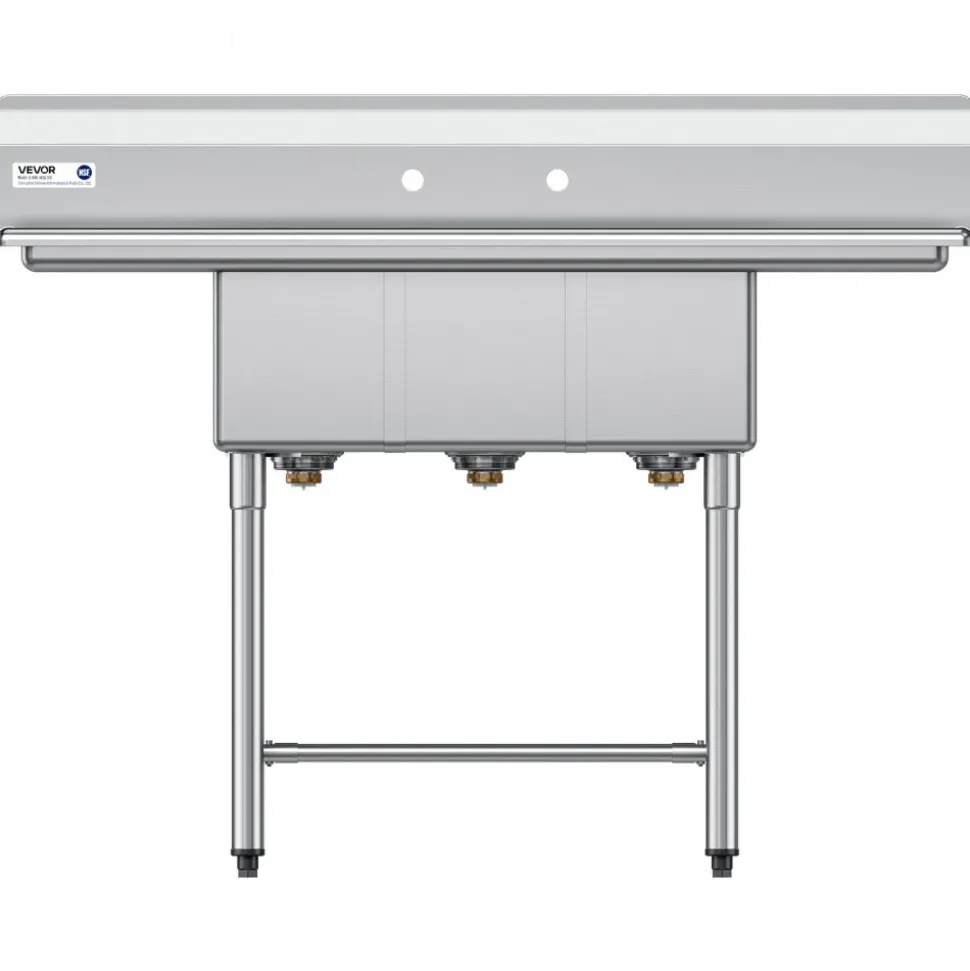 VEVOR 3 Compartment Sink, 18-Gauge 304 Stainless Steel, 10" x 14" x 10" Bowl Size, 3 Bay Commercial Kitchen Prep & Utility Sink with 2 Drainboards and Backsplash for Restaurant, Food Truck & Home Use