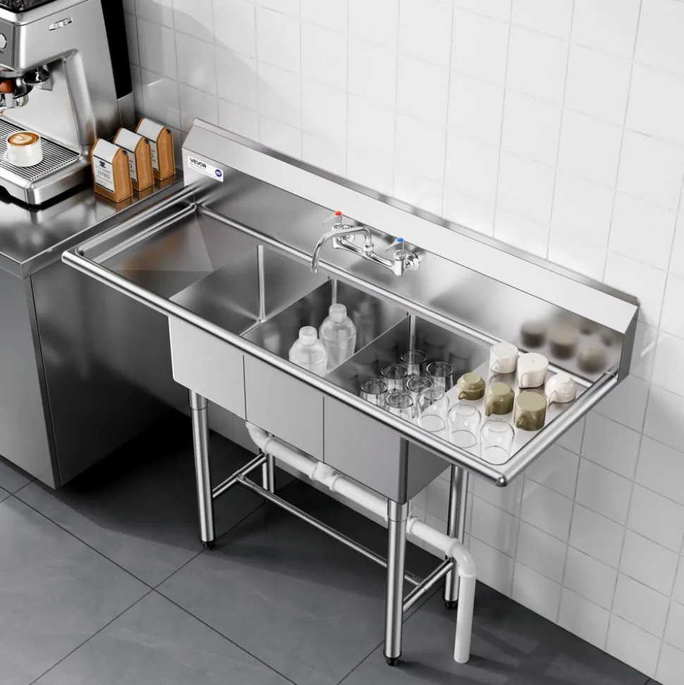 VEVOR 3 Compartment Sink, 18-Gauge 304 Stainless Steel, 10" x 14" x 10" Bowl Size, 3 Bay Commercial Kitchen Prep & Utility Sink with 2 Drainboards and Backsplash for Restaurant, Food Truck & Home Use