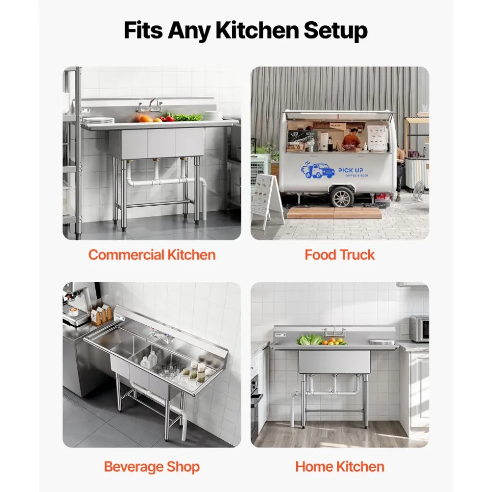 VEVOR 3 Compartment Sink, 18-Gauge 304 Stainless Steel, 10" x 14" x 10" Bowl Size, 3 Bay Commercial Kitchen Prep & Utility Sink with 2 Drainboards and Backsplash for Restaurant, Food Truck & Home Use
