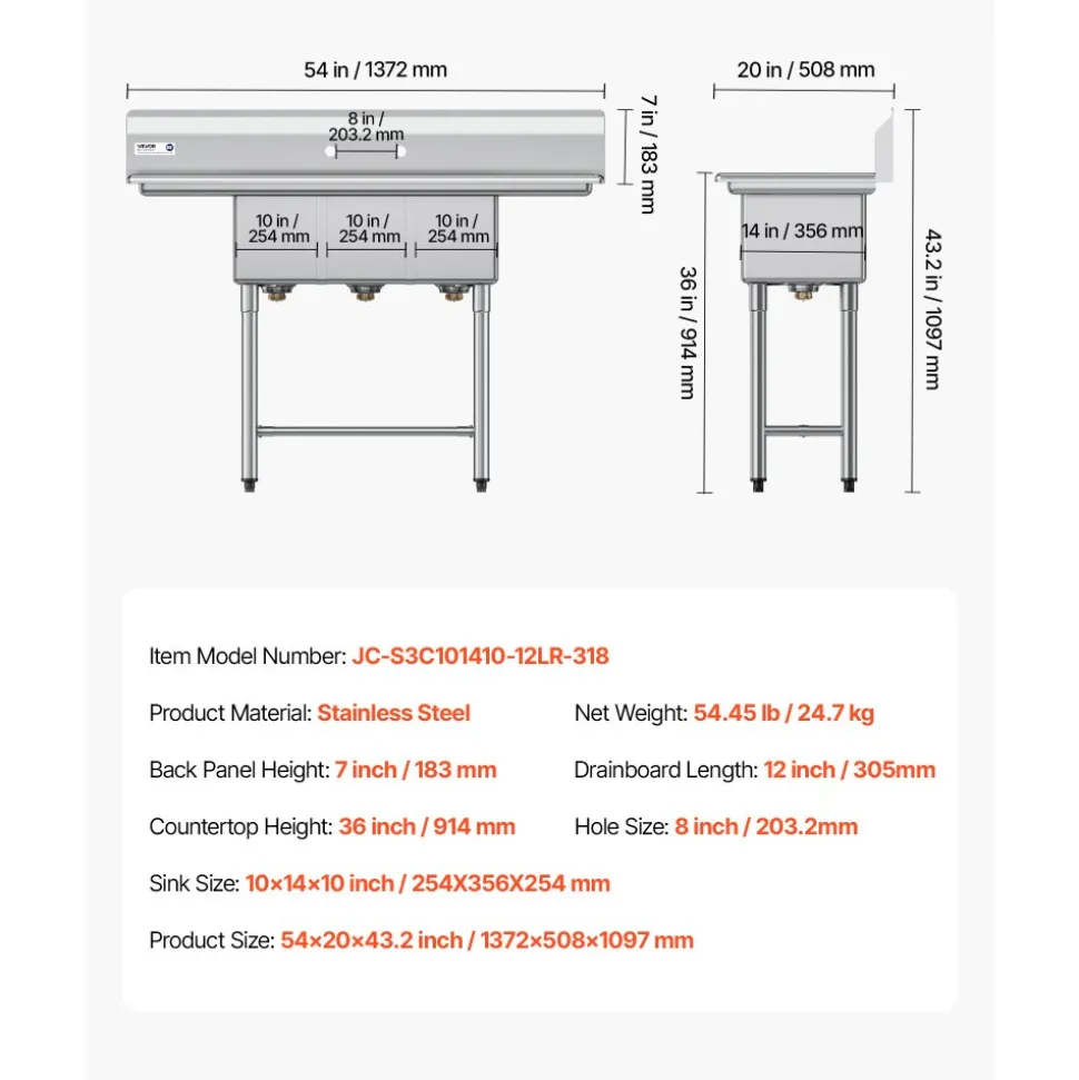 VEVOR 3 Compartment Sink, 18-Gauge 304 Stainless Steel, 10" x 14" x 10" Bowl Size, 3 Bay Commercial Kitchen Prep & Utility Sink with 2 Drainboards and Backsplash for Restaurant, Food Truck & Home Use