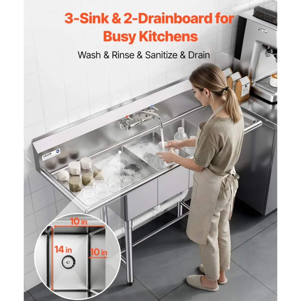 VEVOR 3 Compartment Sink, 18-Gauge 304 Stainless Steel, 10" x 14" x 10" Bowl Size, 3 Bay Commercial Kitchen Prep & Utility Sink with 2 Drainboards and Backsplash for Restaurant, Food Truck & Home Use