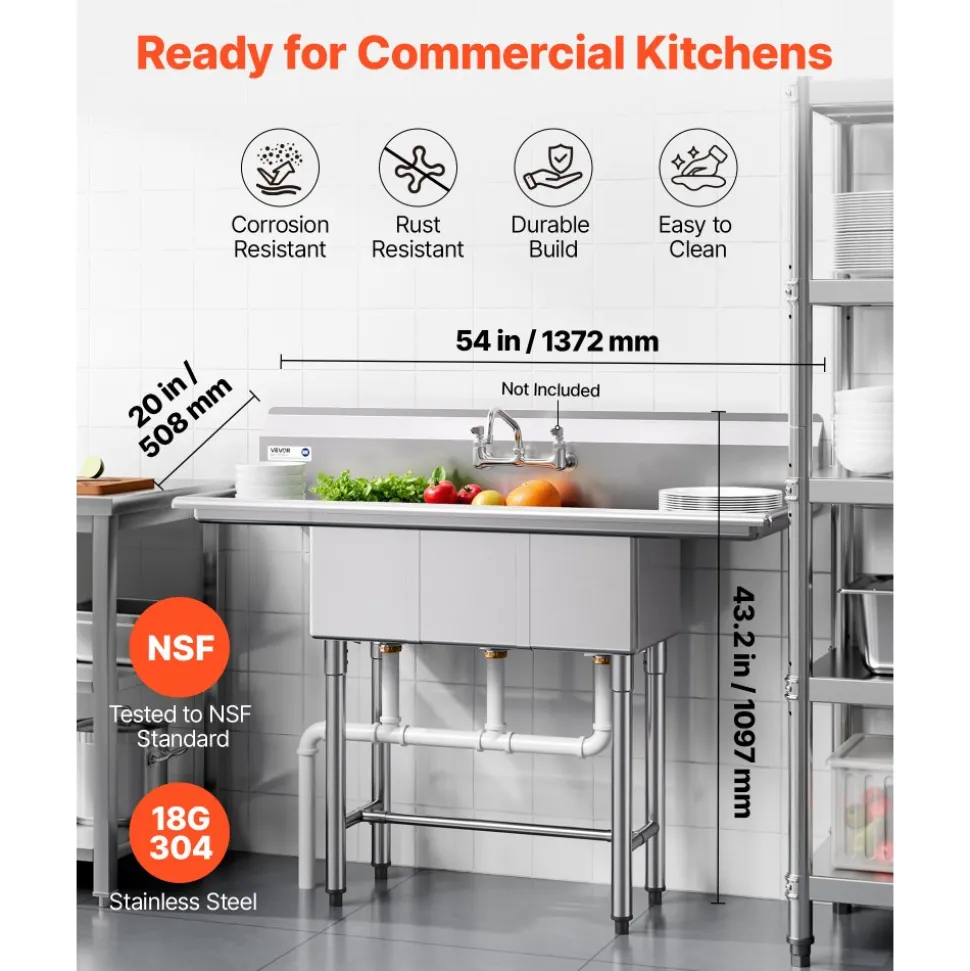 VEVOR 3 Compartment Sink, 18-Gauge 304 Stainless Steel, 10" x 14" x 10" Bowl Size, 3 Bay Commercial Kitchen Prep & Utility Sink with 2 Drainboards and Backsplash for Restaurant, Food Truck & Home Use