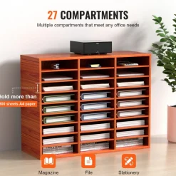VEVOR 27 Compartments Wood Literature Organizer, Adjustable Shelves, Medium Density Fiberboard Mail Center, Office Home School Storage for Files, Documents, Papers, Magazines, Brown