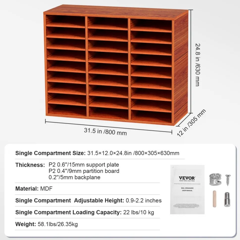VEVOR 27 Compartments Wood Literature Organizer, Adjustable Shelves, Medium Density Fiberboard Mail Center, Office Home School Storage for Files, Documents, Papers, Magazines, Brown