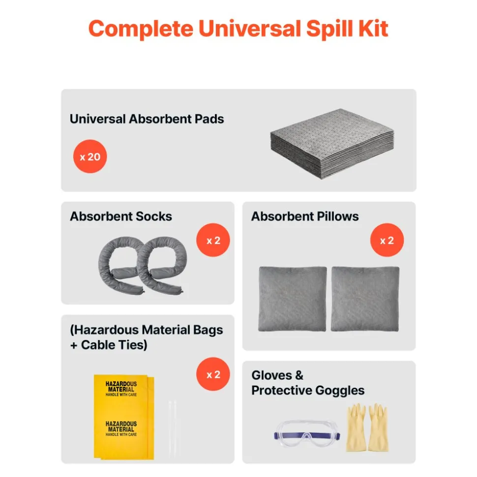 VEVOR Complete Spill Absorbent Kit for Oil & Water, 20PCS Medium-Duty Spill Absorbent Pads, 2 Socks, 2 Pillows, 2 Hazardous Material Bags, 1 Carrying Bag for Garage Workshop Spill Control & Cleanup