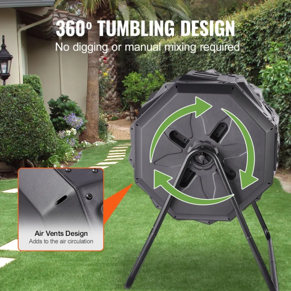 VEVOR Compost Bin, 43-Gal Dual Chamber Composting Tumbler, Large Tumbling Rotating Composter with 2 Sliding Doors and Steel Frame, BPA Free Composter Bin Tumbler for Garden, Kitchen, Yard, Outdoor