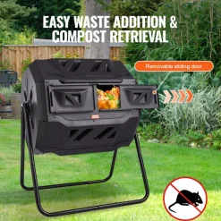 VEVOR Compost Bin, 43-Gal Dual Chamber Composting Tumbler, Large Tumbling Rotating Composter with 2 Sliding Doors and Steel Frame, BPA Free Composter Bin Tumbler for Garden, Kitchen, Yard, Outdoor