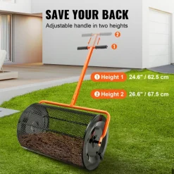VEVOR Compost Spreader, 24.4-25.6" Height Adjustable Handle, 24" Wide, Lawn and Garden Peat Moss Roller with Side Latches, Powder Coated Steel Mesh Basket for Spreading Manure, Topsoil, Black