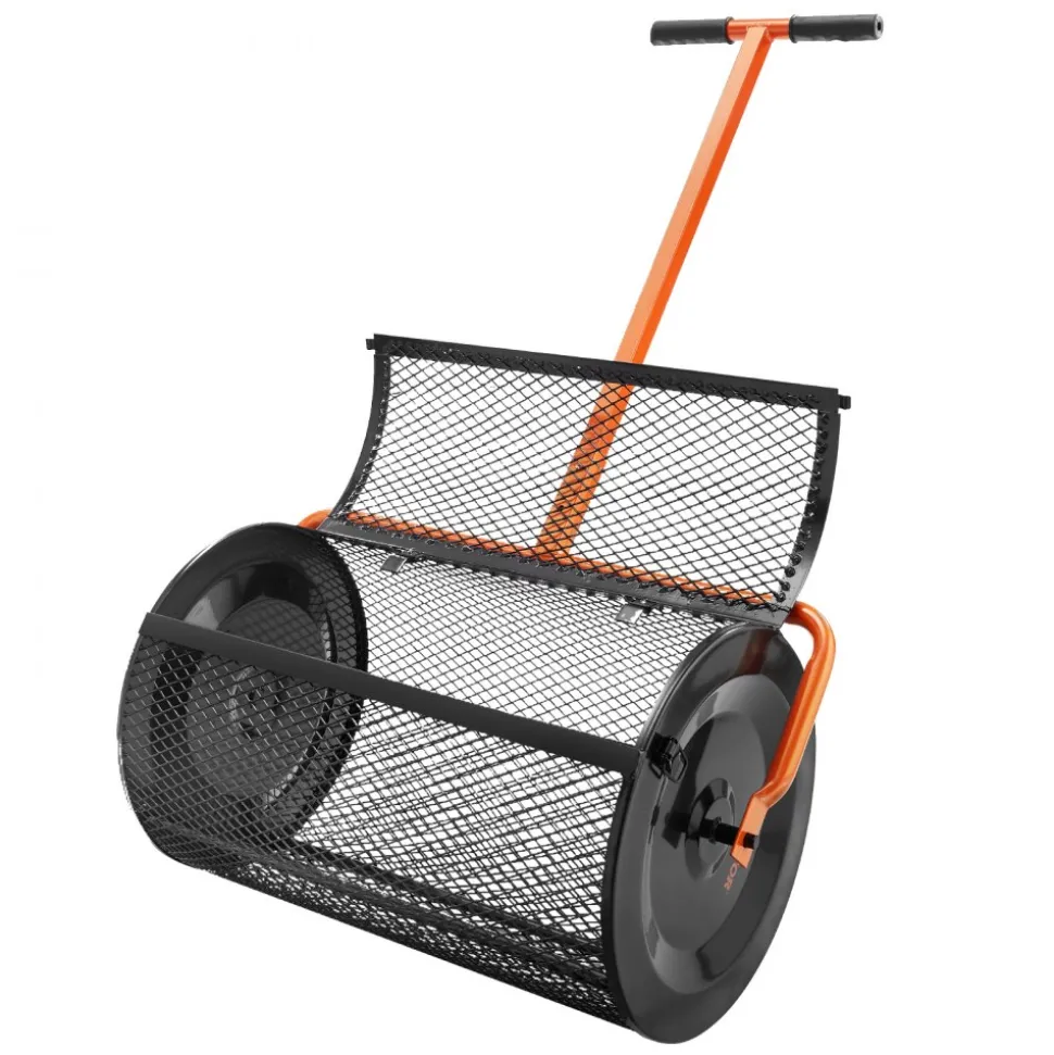VEVOR Compost Spreader, 24.4-25.6" Height Adjustable Handle, 24" Wide, Lawn and Garden Peat Moss Roller with Side Latches, Powder Coated Steel Mesh Basket for Spreading Manure, Topsoil, Black