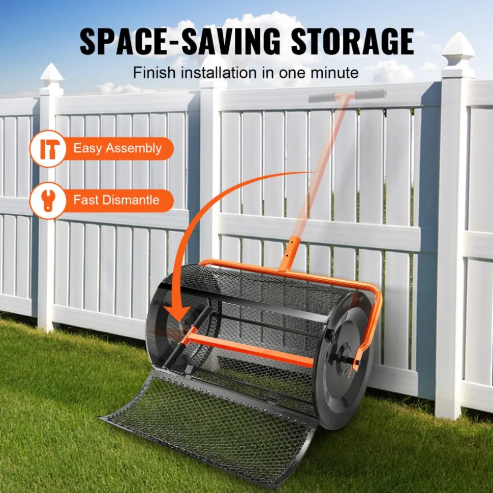 VEVOR Compost Spreader, 24.4-25.6" Height Adjustable Handle, 24" Wide, Lawn and Garden Peat Moss Roller with Side Latches, Powder Coated Steel Mesh Basket for Spreading Manure, Topsoil, Black