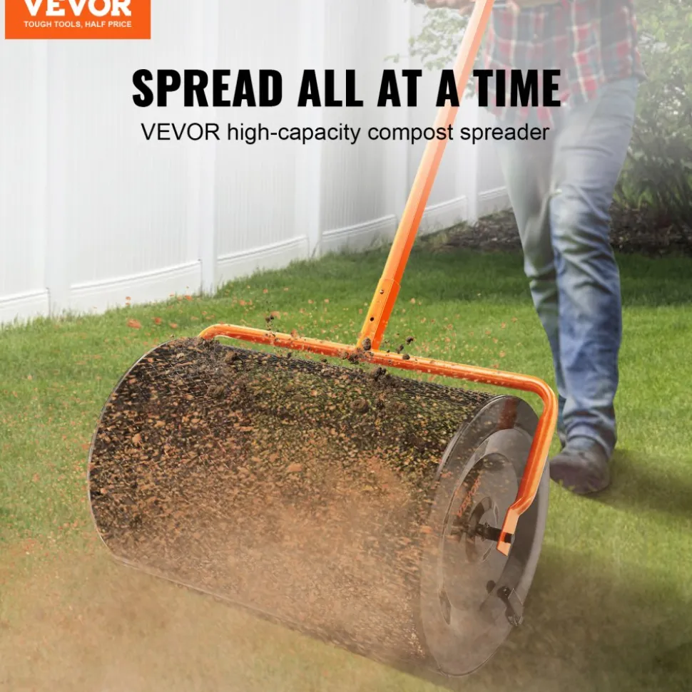 VEVOR Compost Spreader, 24.4-25.6" Height Adjustable Handle, 24" Wide, Lawn and Garden Peat Moss Roller with Side Latches, Powder Coated Steel Mesh Basket for Spreading Manure, Topsoil, Black