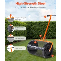 VEVOR Compost Spreader, 24 in Wide Peat Moss Spreader with T Shaped Handle, 3 Heights Adjustable, Powder-Coated Steel Garden Peat Moss Roller, Heavy Duty Grass Seed Spreaders for Planting Seeding