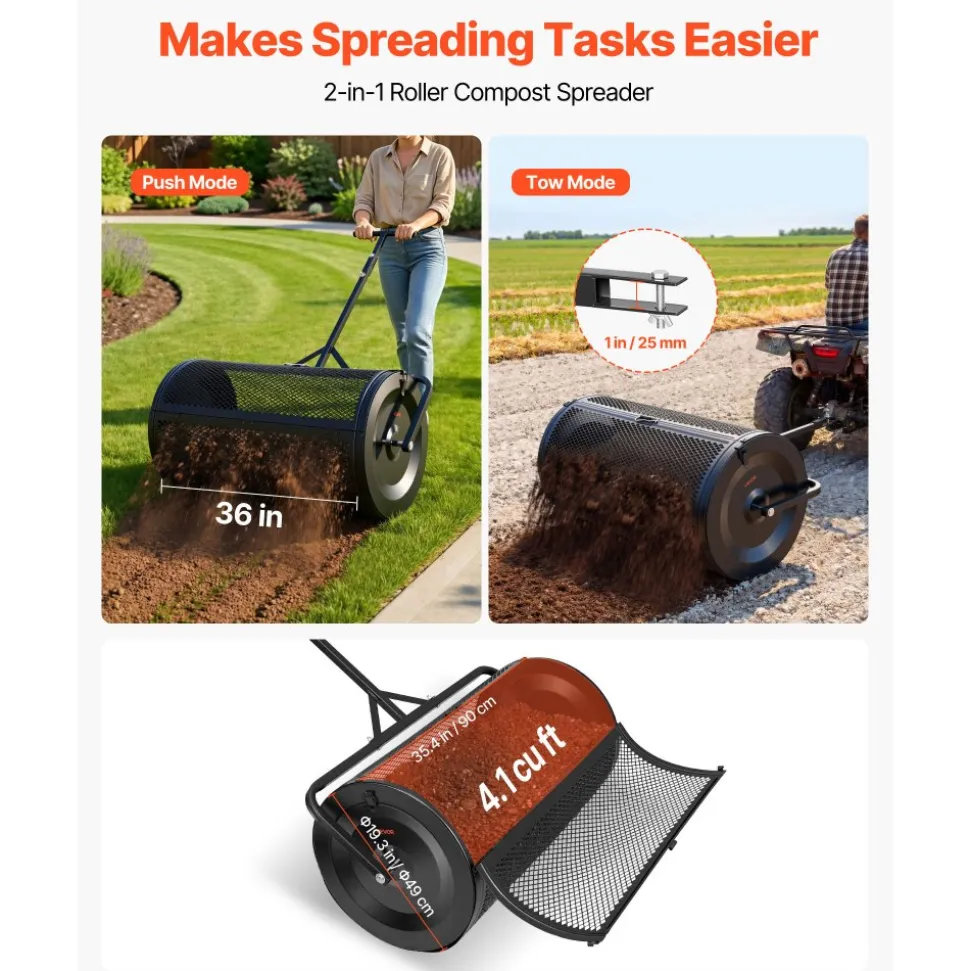 VEVOR Compost Spreader, 24" Wide Peat Moss Spreader with Push/Tow Handle & Brush, 4 Heights Adjustable, Powder-Coated Steel Garden Peat Moss Roller, Heavy Duty Grass Seed Roller for Planting Seeding
