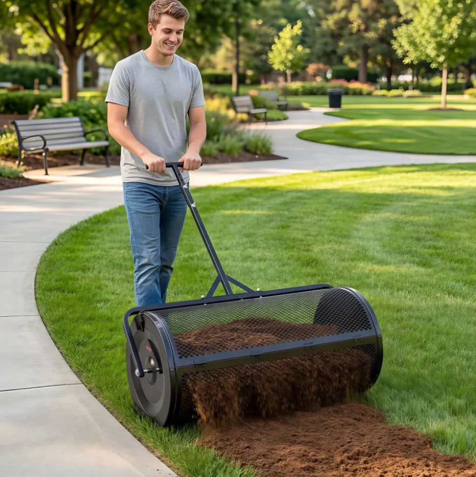 VEVOR Compost Spreader, 24" Wide Peat Moss Spreader with Push/Tow Handle & Brush, 4 Heights Adjustable, Powder-Coated Steel Garden Peat Moss Roller, Heavy Duty Grass Seed Roller for Planting Seeding